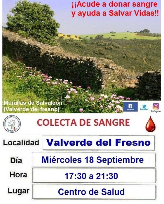 Colecta de Sangre en Valverde del Fresno el próximo miércoles 18 de cctubre
