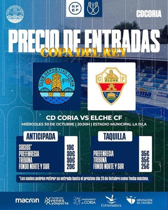 El CD Coria abre la venta de entradas para el partido de Copa del Rey contra el Elche CF