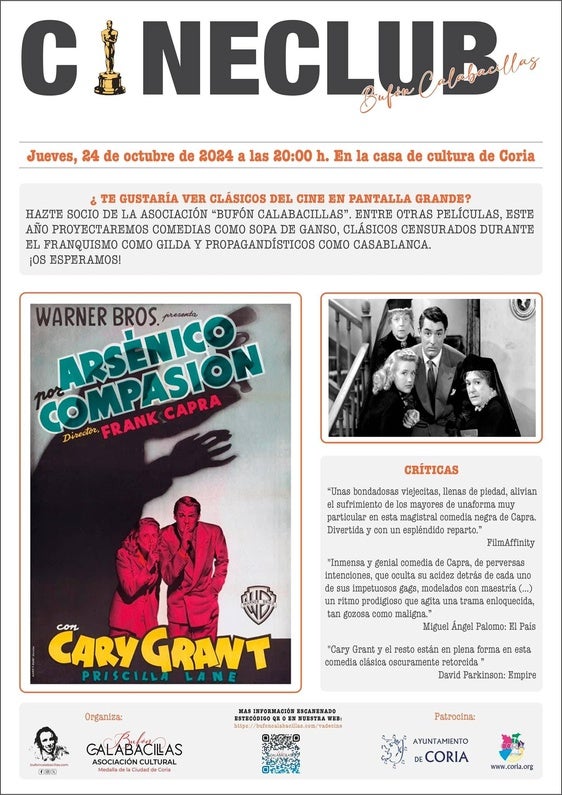 Cineclub Bufón Calabacillas proyecta «Arsénico por Compasión» en Coria