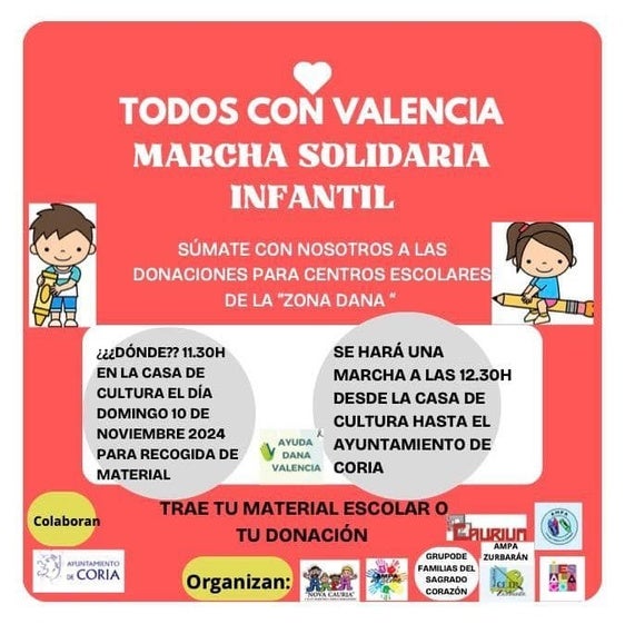 Coria organiza una marcha solidaria infantil para ayudar a colegios afectados por la DANA en Valencia