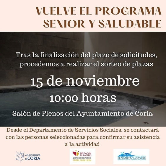 El Ayuntamiento de Coria realiza el sorteo de plazas para el programa «Senior y Saludable»