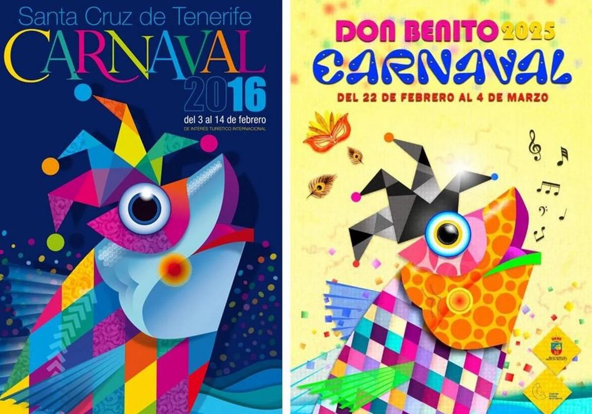 El cartel del Carnaval de Tenerife 2016 (izquierda) y el de Don Benito (derecha)