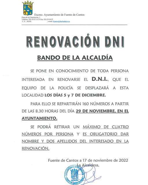 Renovación del DNI en Fuente de Cantos