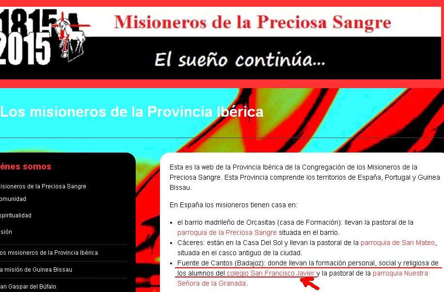 Captura de pantalla en la que se aprecia que la Congregación de la Preciosa Sangre incluye entre sus centros el colegio de Fuente de Cantos.