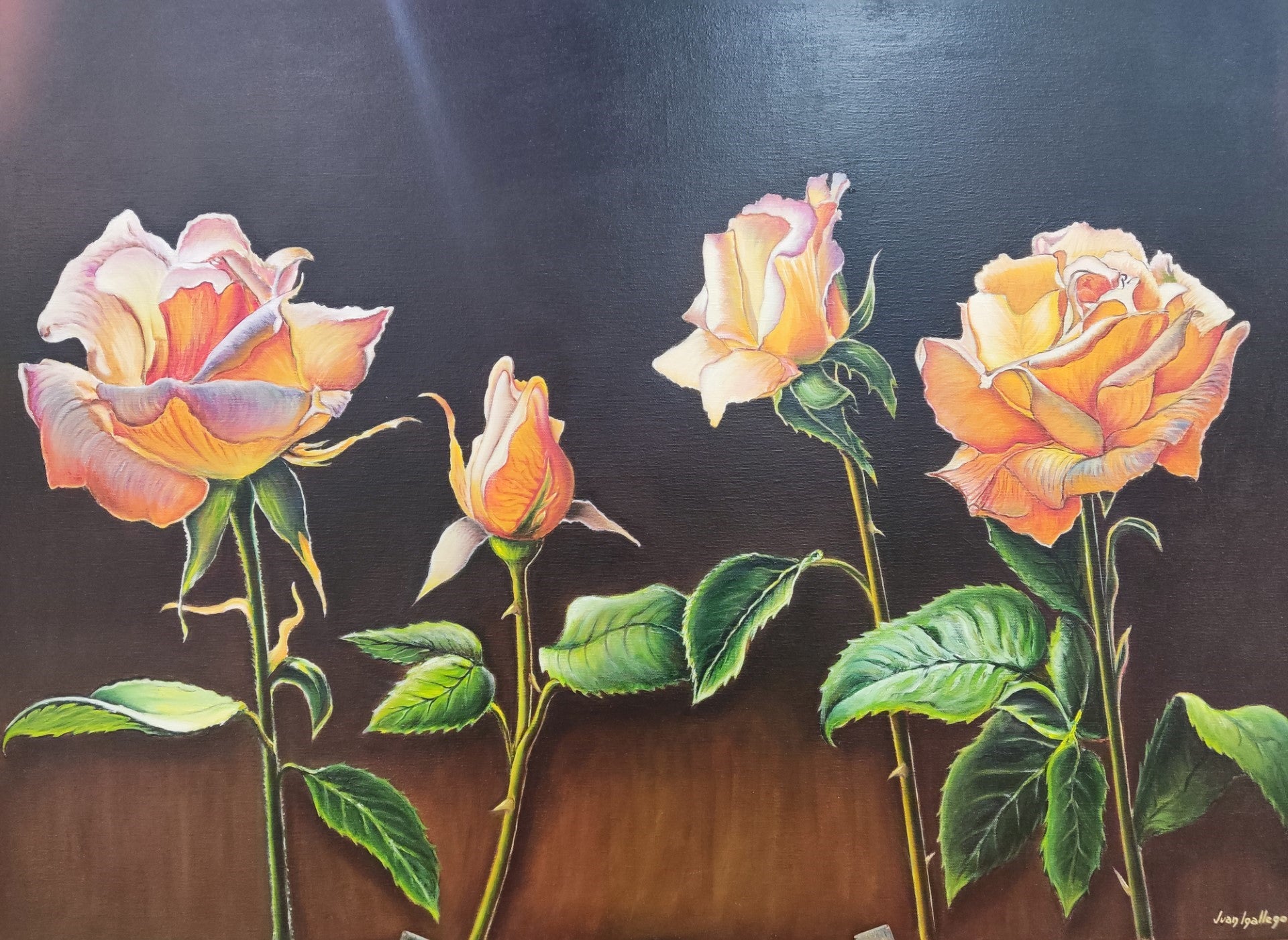 Cuatro rosas, óleo sobre lienzo.