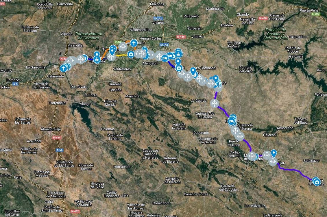 Mapa del camino Mozárabe y poblaciones.