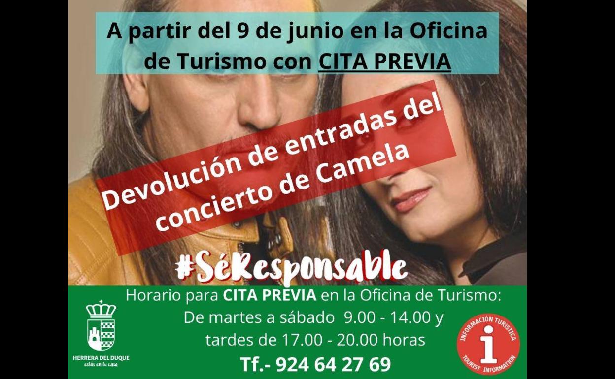 Cartel devolución entradas Camela