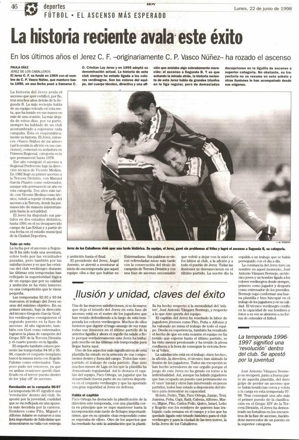 El Jerez Club de Fútbol ha organizado para este sábado, 6 de abril, a las 12 horas, un partido muy especial que enfrentará a dos selecciones representativas de la historia del Club verdinegro que en este año 2019 conmemora el 50 aniversario de su fundación. Saltarán al césped de la Ciudad Deportiva 'Manuel Calzado', un equipo integrado por futbolistas que participaron de los primeros años de su historia, con el entonces Club Polideportivo Vasco Núñez y otro equipo formado por jugadores que protagonizaron el mayor hito histórico de este club como fue el ascenso a Segunda División B el 21 de junio de 1998 ante el conjunto del Vélez.