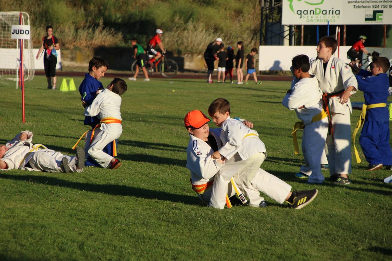 La Ciudad Deportiva 'Manuel Calzado' acogió, ayer, la clausura del curso de la Escuela Municipal de Deportes de Jerez de los Caballeros con un desfile y una exhibición por parte de los alumnos y alumnas. Casi 500 niños y niñas se han formado, este año, en las distintas modalidades deportivas: atletismo, minibasket, baloncesto, ciclismo, fútbol-sala, fútbol 8, judo, kárate, multiaventura, multideporte, pádel, patinaje artístico, tenis y zumba kids.
