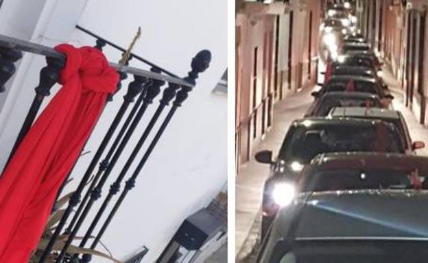 Lazos rojos en ventanas y balcones y manifestación de vehículos por el centro del municipio. 