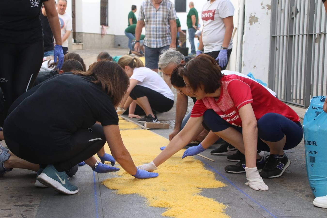 Las alfombras de sal embellecen y llenan de color, hoy, las calles de Jerez de los Caballeros con motivo de la festividad del Corpus Christi. Desde primera hora de la mañana, miembros de las cofradías y hermandades, Cáritas, grupos de catequesis, familias de los niños que han hecho este año la Primera Comunión, miembros de la Asociación de costaleros y costaleras de la Semana Santa jerezana, Ayuntamiento y vecinos han cubierto las principales calles del municipio con 6.250 kilos de sal teñida, plenas de color. A continuación, han disfrutado de una jornada de convivencia en la Casa de la Iglesia 'Cecilia de Arteaga'.