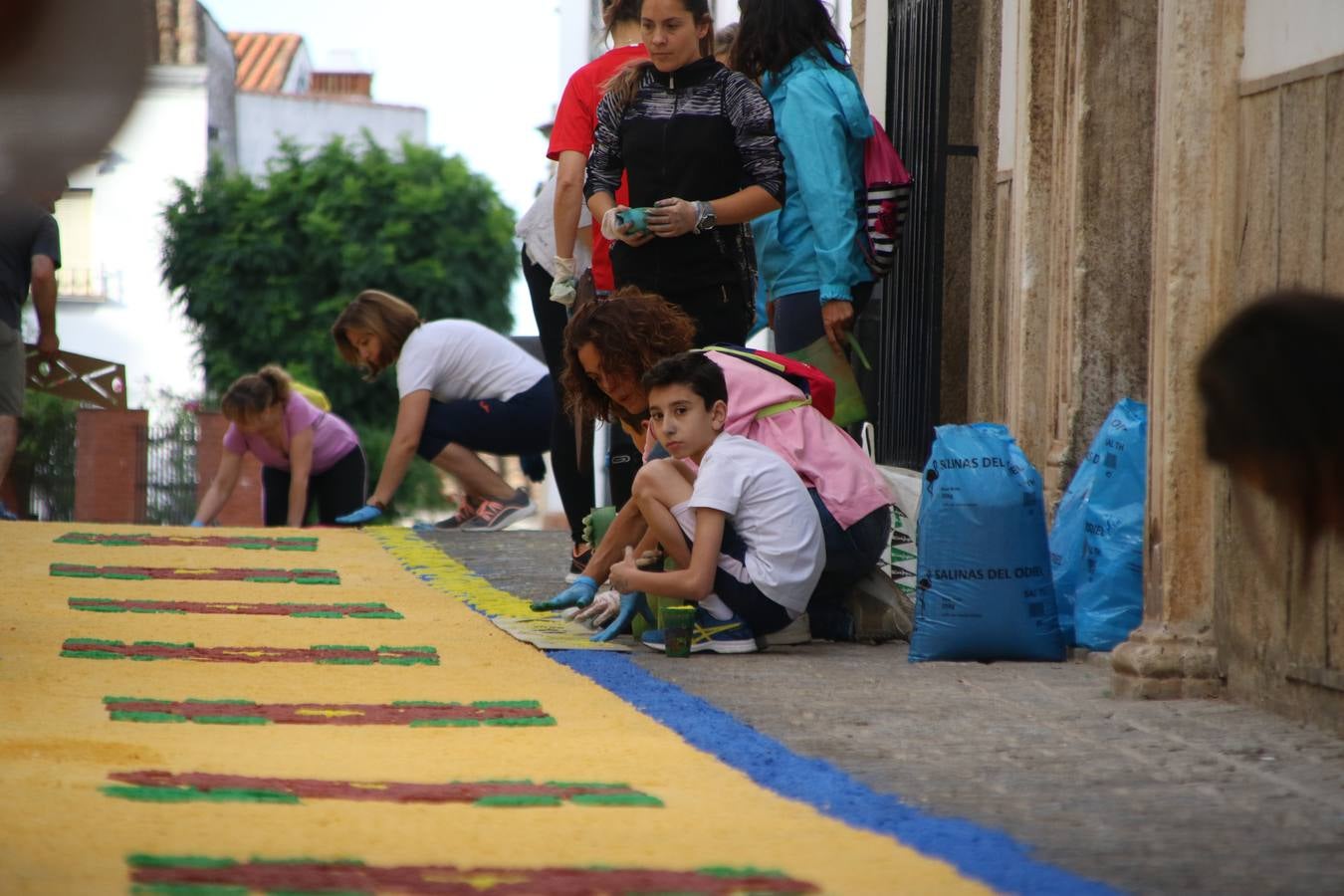 Las alfombras de sal embellecen y llenan de color, hoy, las calles de Jerez de los Caballeros con motivo de la festividad del Corpus Christi. Desde primera hora de la mañana, miembros de las cofradías y hermandades, Cáritas, grupos de catequesis, familias de los niños que han hecho este año la Primera Comunión, miembros de la Asociación de costaleros y costaleras de la Semana Santa jerezana, Ayuntamiento y vecinos han cubierto las principales calles del municipio con 6.250 kilos de sal teñida, plenas de color. A continuación, han disfrutado de una jornada de convivencia en la Casa de la Iglesia 'Cecilia de Arteaga'.