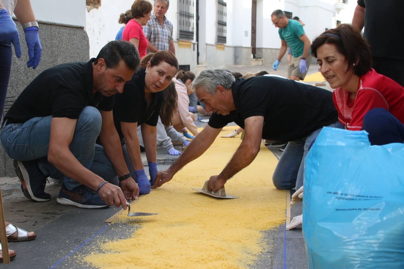 Las alfombras de sal embellecen y llenan de color, hoy, las calles de Jerez de los Caballeros con motivo de la festividad del Corpus Christi. Desde primera hora de la mañana, miembros de las cofradías y hermandades, Cáritas, grupos de catequesis, familias de los niños que han hecho este año la Primera Comunión, miembros de la Asociación de costaleros y costaleras de la Semana Santa jerezana, Ayuntamiento y vecinos han cubierto las principales calles del municipio con 6.250 kilos de sal teñida, plenas de color. A continuación, han disfrutado de una jornada de convivencia en la Casa de la Iglesia 'Cecilia de Arteaga'.