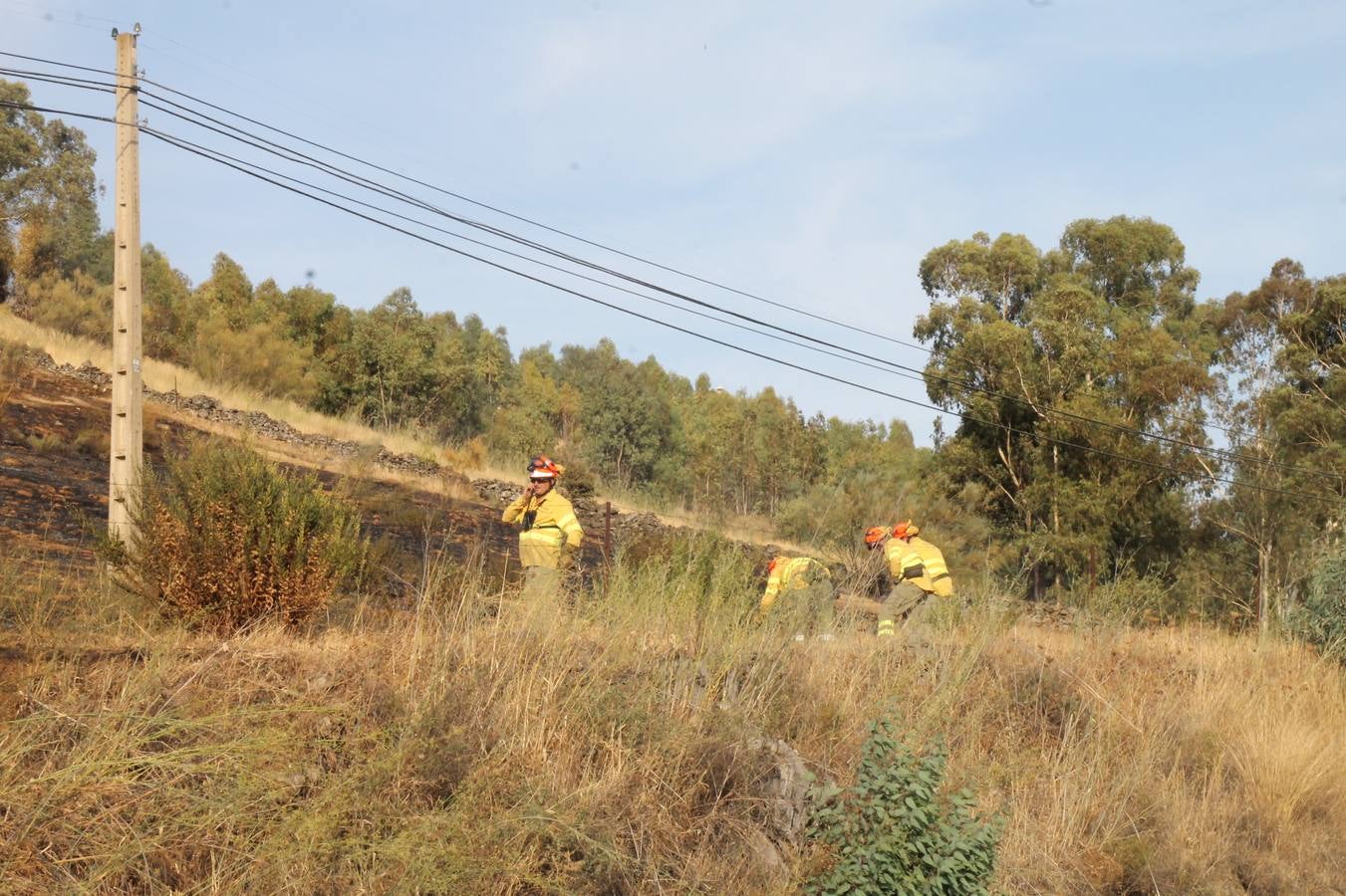 Efectivos de la Lucha contra los incendios forestales trabajando en la zona esta tarde.F.M.