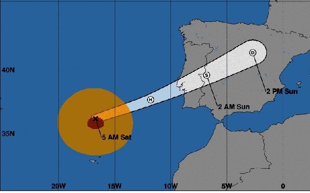 Previsión de la trayectoria del huracán Leslie según el Centro Nacional de Huracanes. 