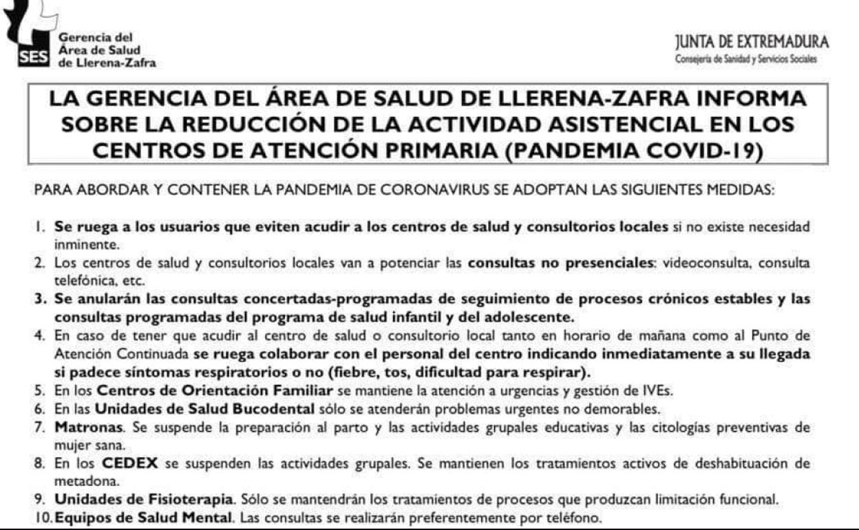 El Área de Salud Llerena – Zafra reduce su actividad asistencial