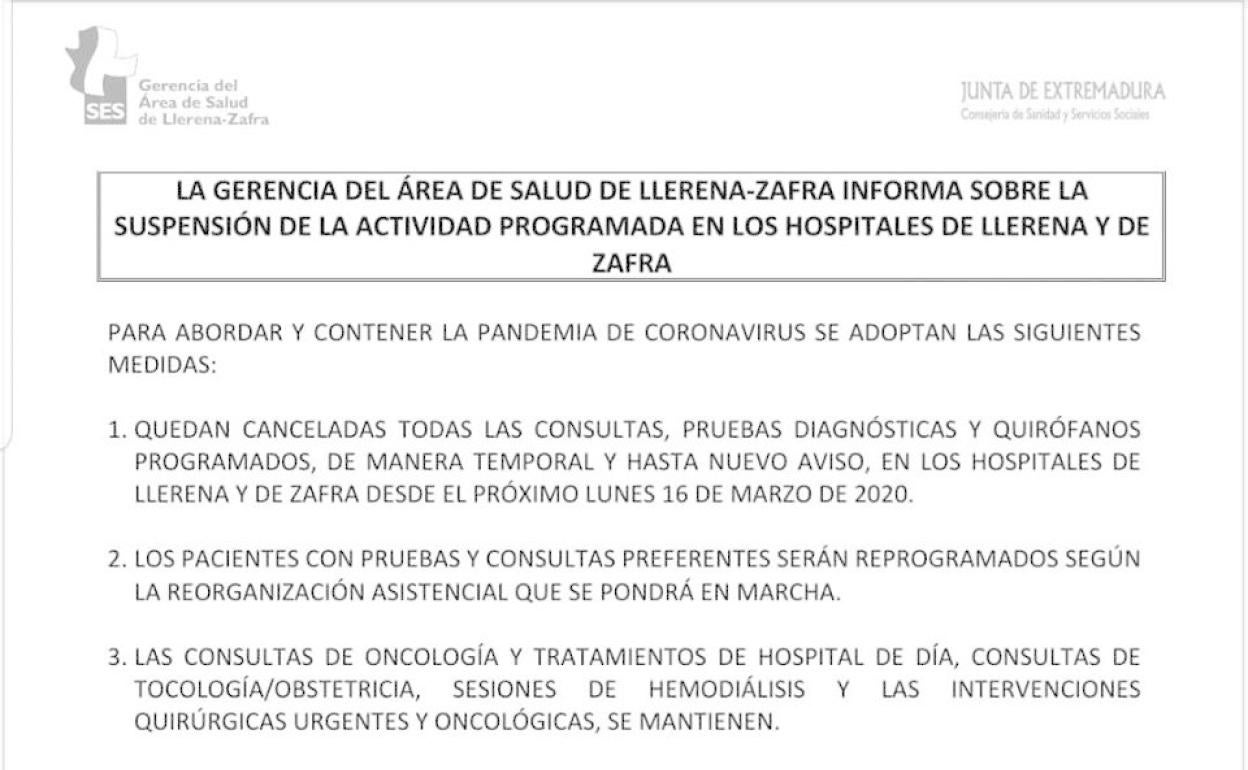 Suspensión de actividad programada en los hospitales de Llerena y Zafra