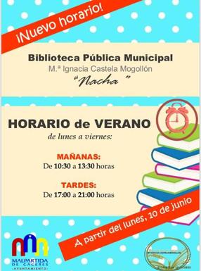 Comienza el horario de verano en la Biblioteca Pública Municipal de Malpartida de Cáceres