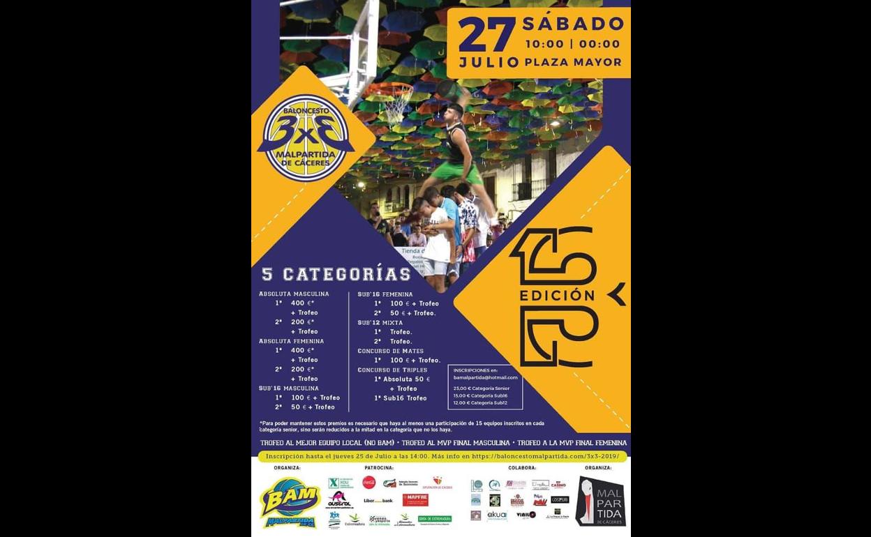 El 27 de julio se celebra la 13ª edición del 3x3 Baloncesto en la Calle de Malpartida de Cáceres