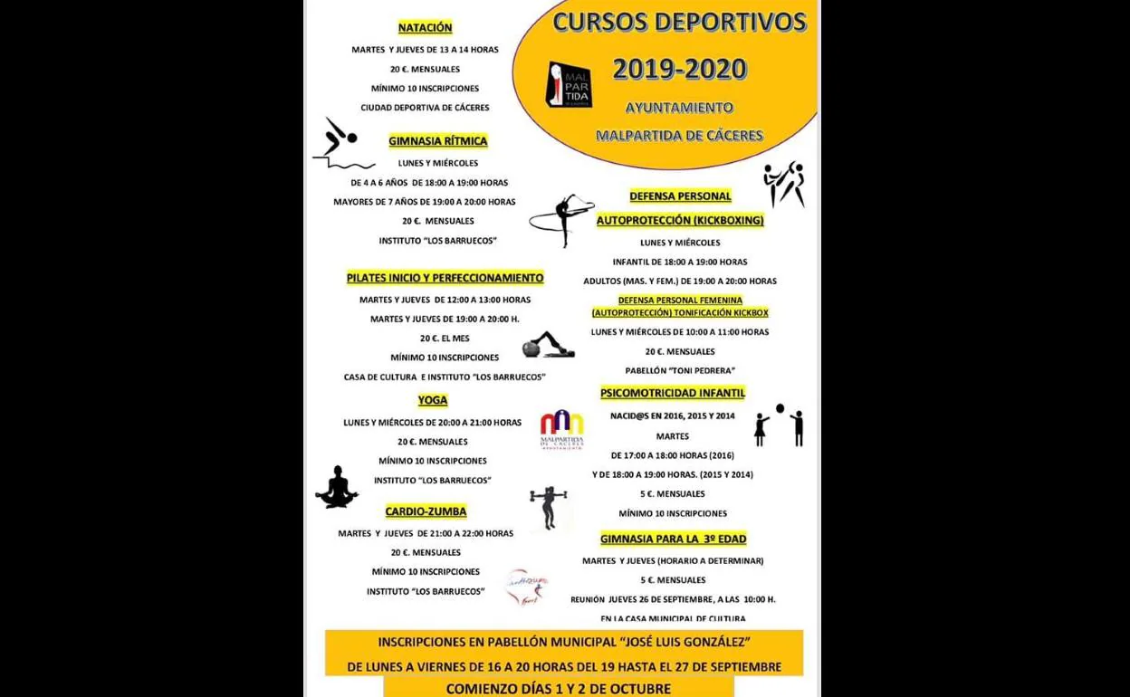 En octubre darán comienzo en Malpartida de Cáceres diferentes cursos deportivos