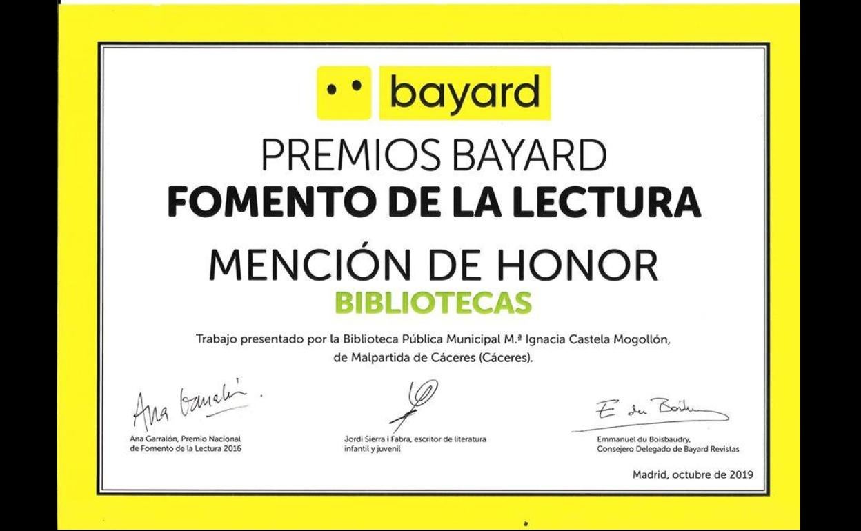 Mención de honor para la biblioteca de Malpartida de Cáceres en los premios Bayard