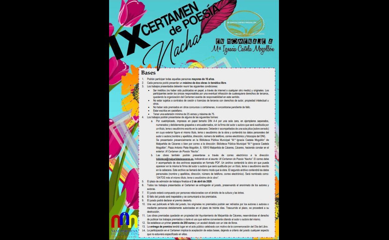 Abierto el plazo para el IX Certamen de Poesía 'Nacha', de Malpartida de Cáceres