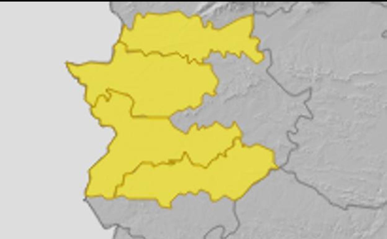 Mapa de Extremadura con las comarcas en alerta amarilla. 