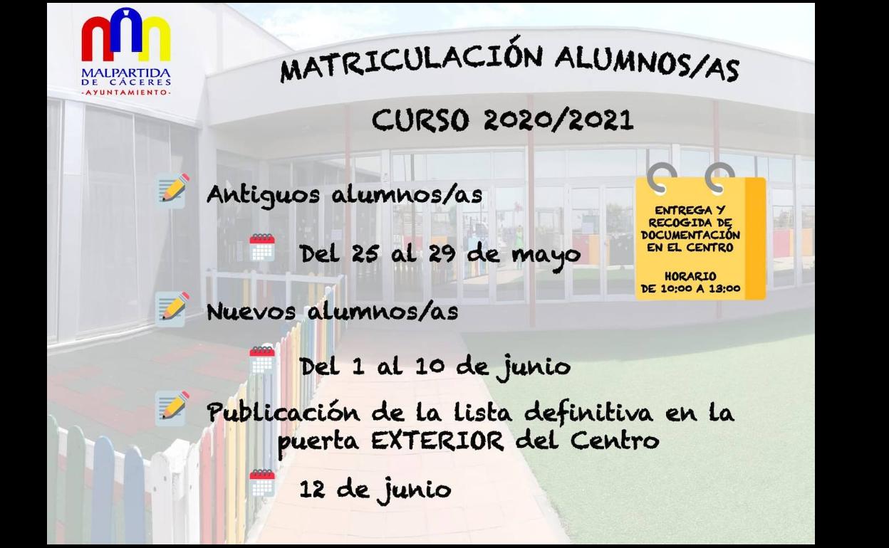 El próximo lunes comienza la matriculación de alumnos del Centro de Educación Infantil para el curso 2020-2021