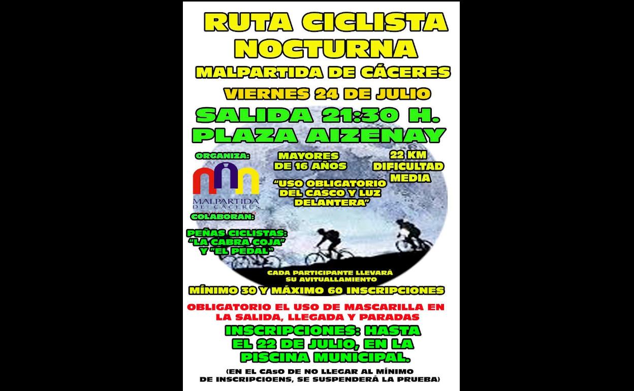 El 24 de julio se celebra la Ruta Ciclista Nocturna de Malpartida de Cáceres