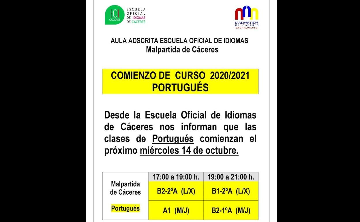 Comienzan las clases de portugués en el Aula Adscrita de Malpartida de Cáceres de la EOI