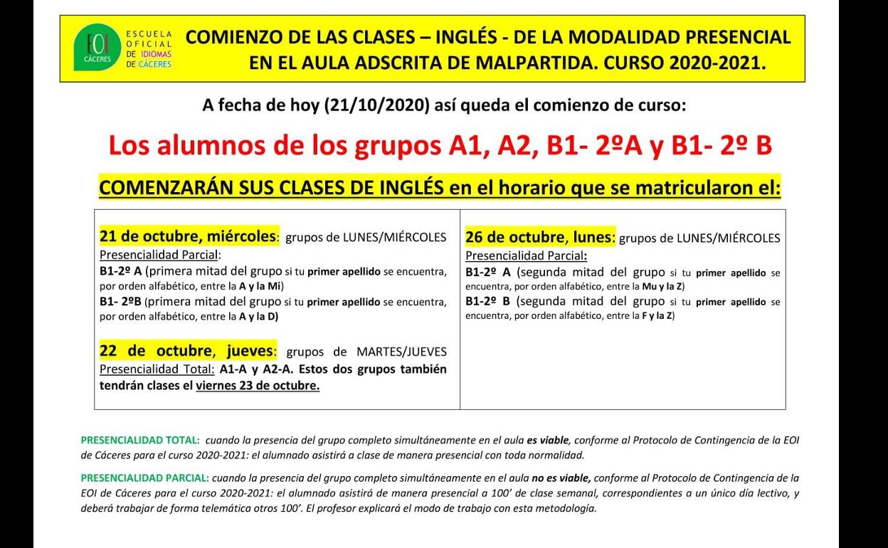 Comienzan las clases de inglés del Aula Adscrita de la EOI de Malpartida de Cáceres que estaban pendientes