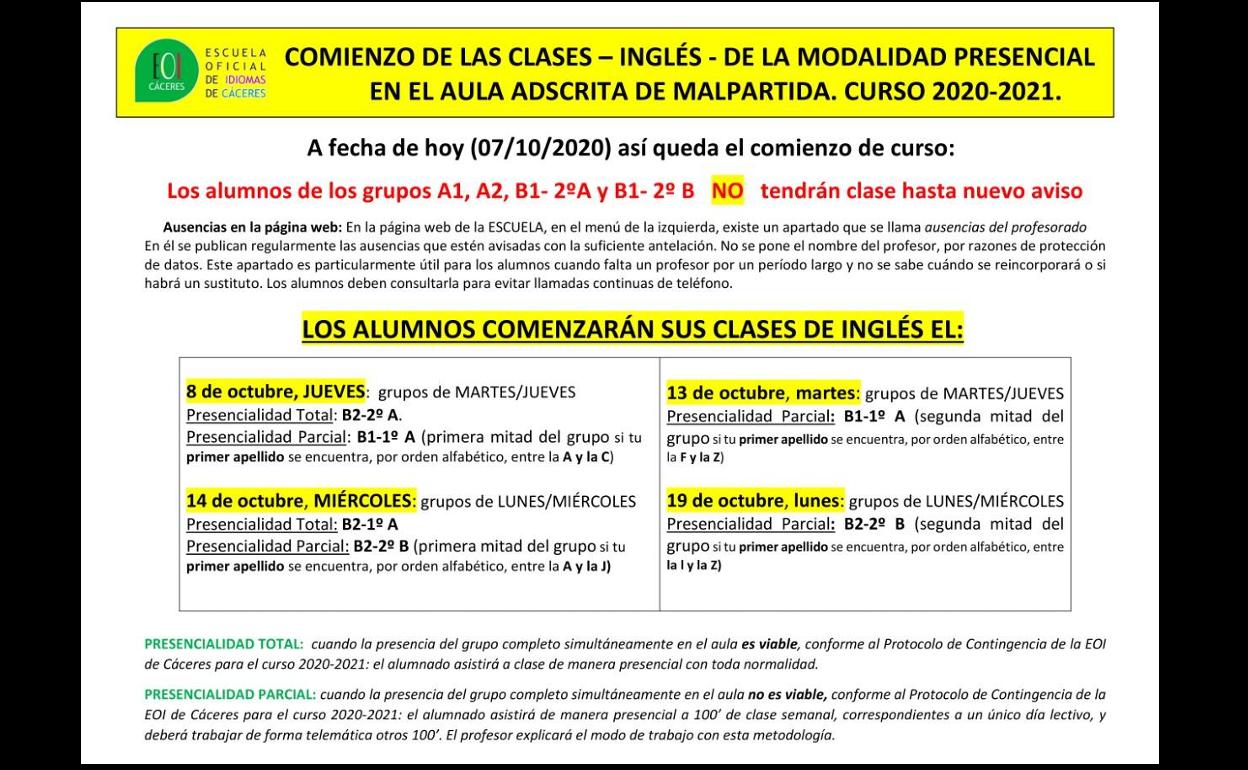 Hoy comienzan sus clases los grupos A1-A y A2-A de la EOI con presencialidad total