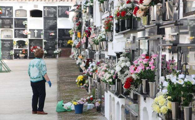 Una señora arreglando un panteón. 