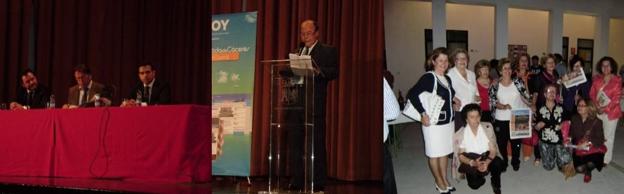 Presentación en mayo de 2011 del hiperlocal. A la izquierda, el director de HOY, Ángel Ortiz, con el alcalde, Víctor del Moral y el gerente de los hiperlocales, Miguel Ángel Jaraíz. En el centro, Alfonso Barriga, el corresponsal que dio impulso a HOY Malpartida de Cáceres. A la derecha, un grupo de malpartideñas con el primer ejemplar de HOY Malpartida de Cáceres. 