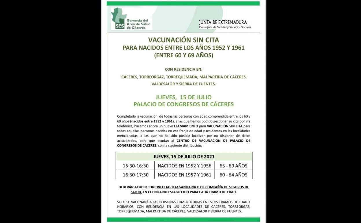 Nuevo llamamiento sin cita para mañana jueves 15 de junio