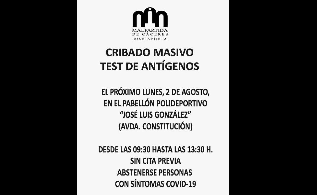 Cribado masivo el lunes 2 de agosto en Malpartida de Cáceres