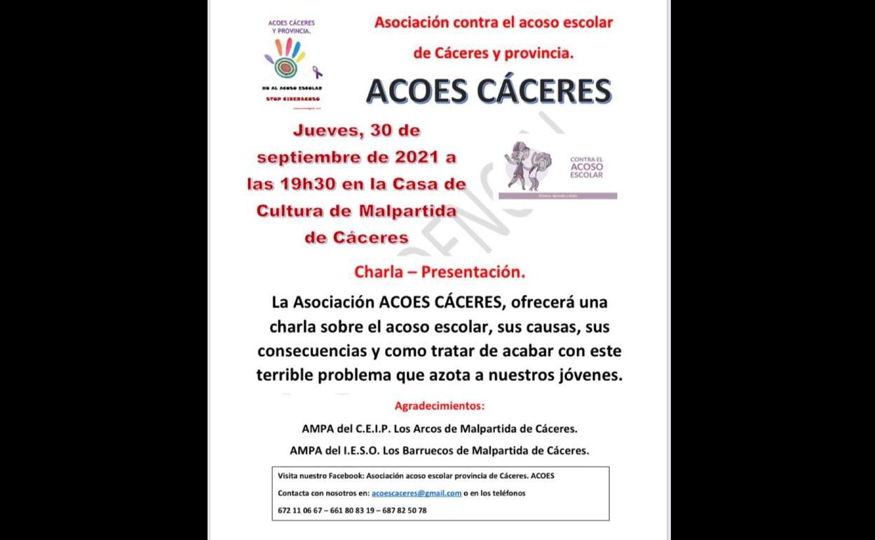 ACOES Cáceres organiza una charla sobre el acoso escolar
