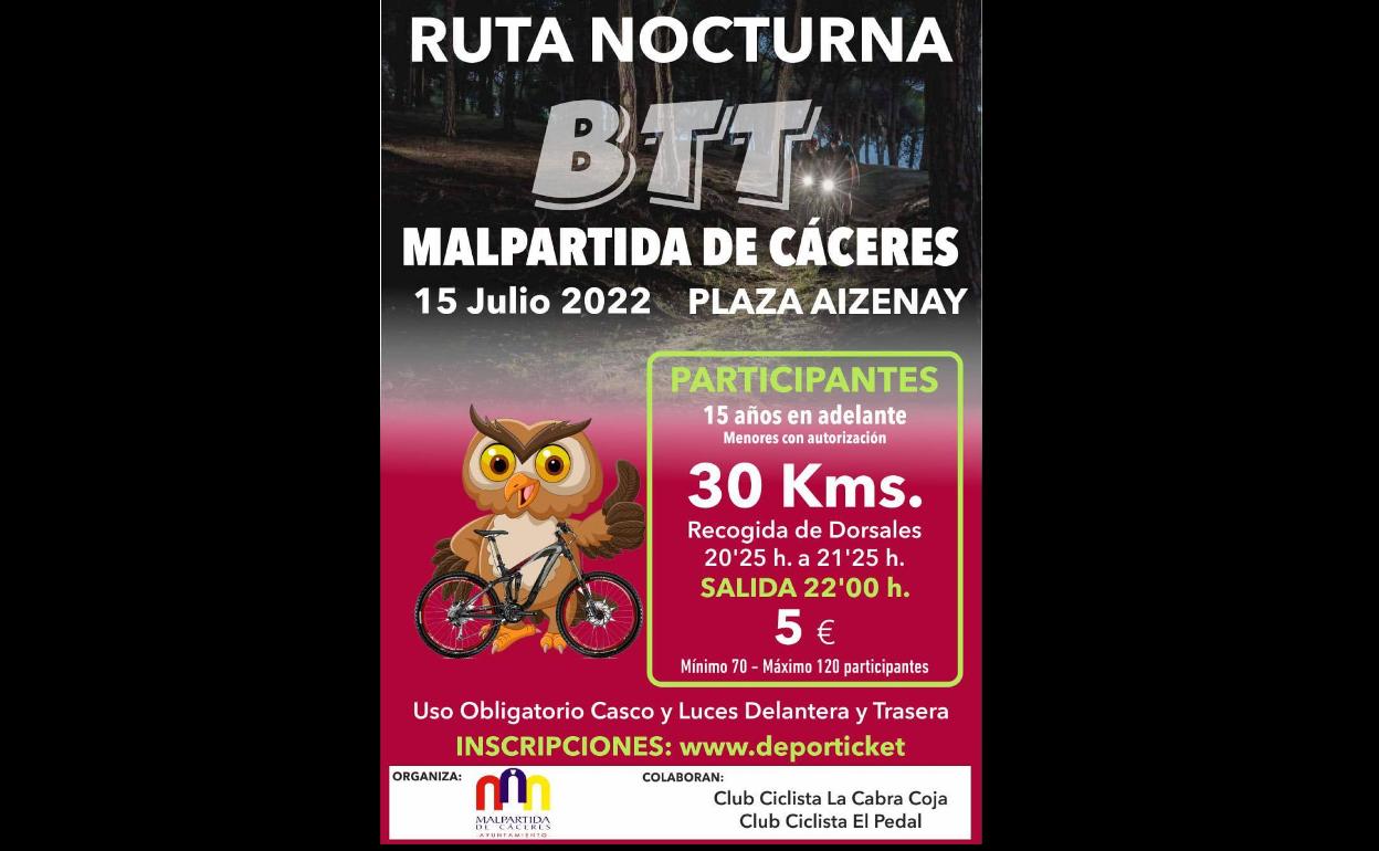 Abiertas las inscripciones para la Ruta Nocturna BTT de Malpartida de Cáceres