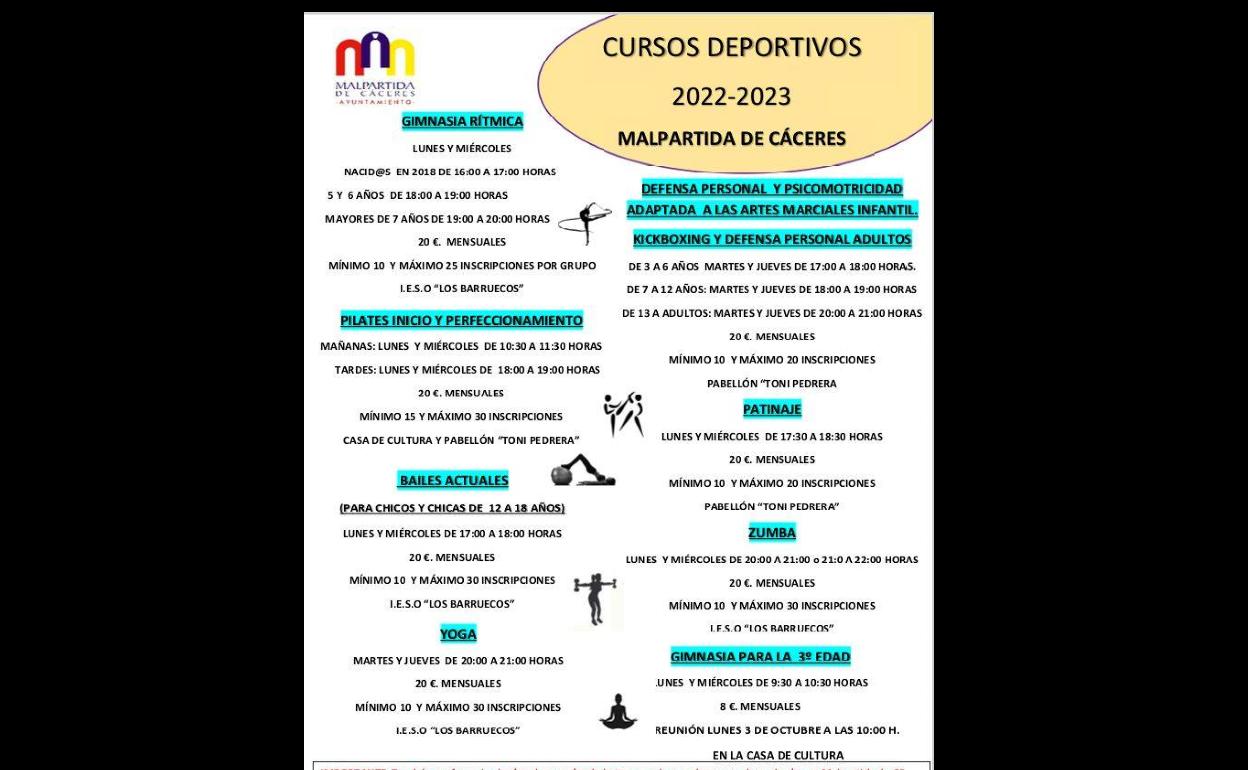 Abiertas las inscripciones en los Cursos Deportivos 2022-2023 de Malpartida de Cáceres