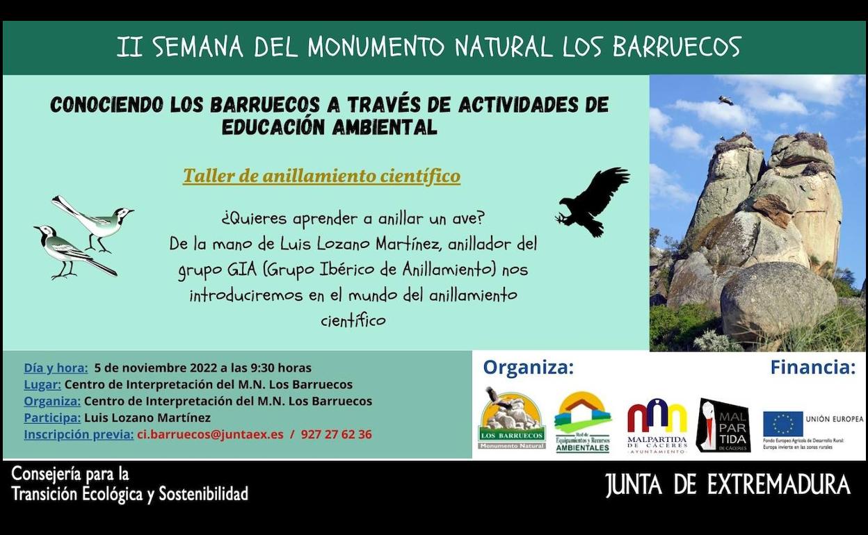 Un taller de anillamiento científico inaugurará la II Semana del Monumento Natural Los Barruecos