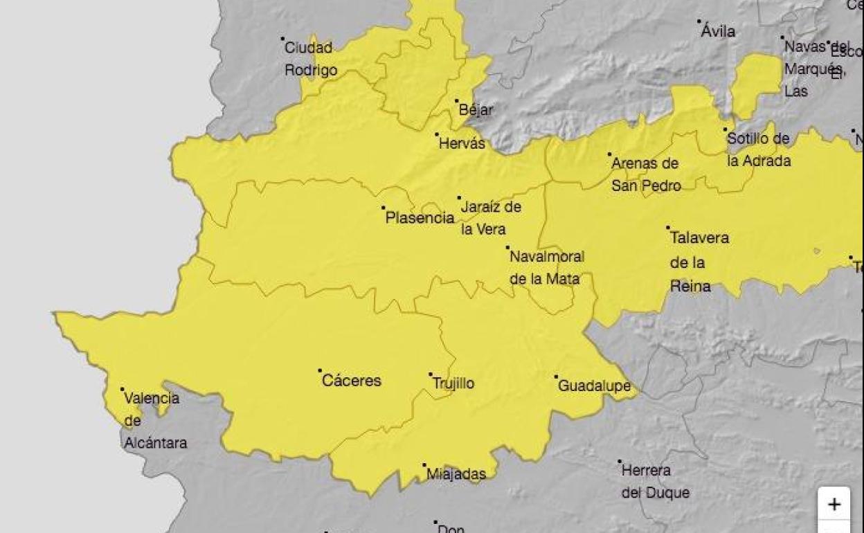 La alerta amarilla se mantendrá hasta las 22.00 horas en toda la provincia cacereña. 