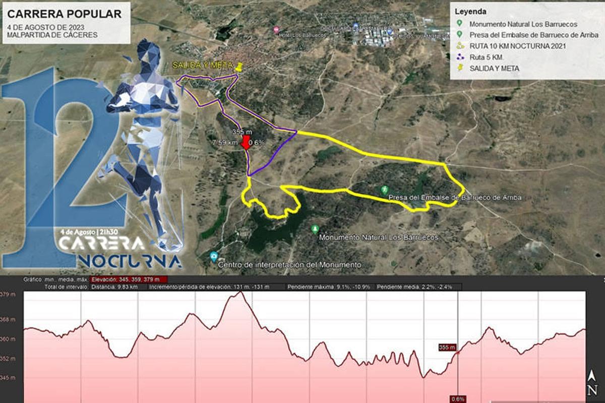 En morado, la ruta de 5 km y en amarillo la ruta de 10 km.