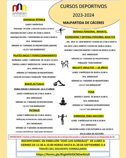 Abiertas las inscripciones en los Cursos Deportivos 2023-2024 de Malpartida de Cáceres