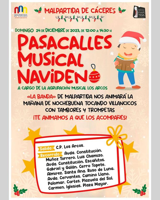 Un Pasacalles Musical Navideño recorrerá las calles de Malpartida en Nochebuena