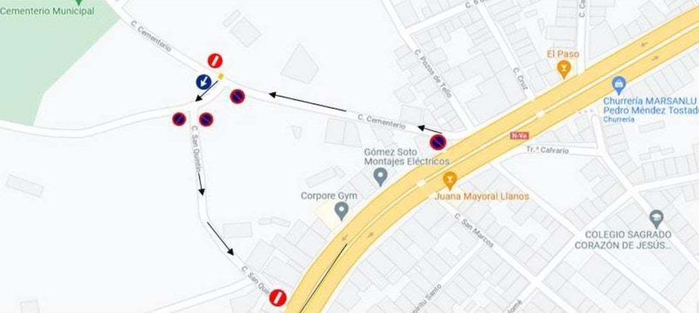 Plano con los itinerarios indicados para visitar el cementerio de Miajadas durante el puente de Todos los Santos 