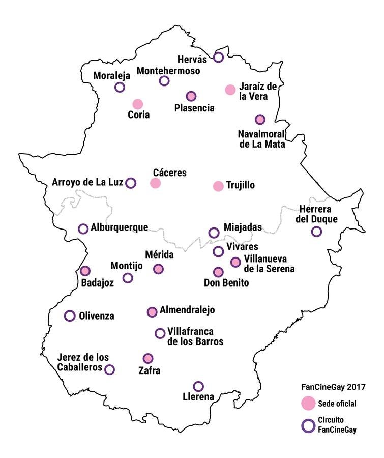 Mapa de sedes y localidades a las que llegará el circuito. 