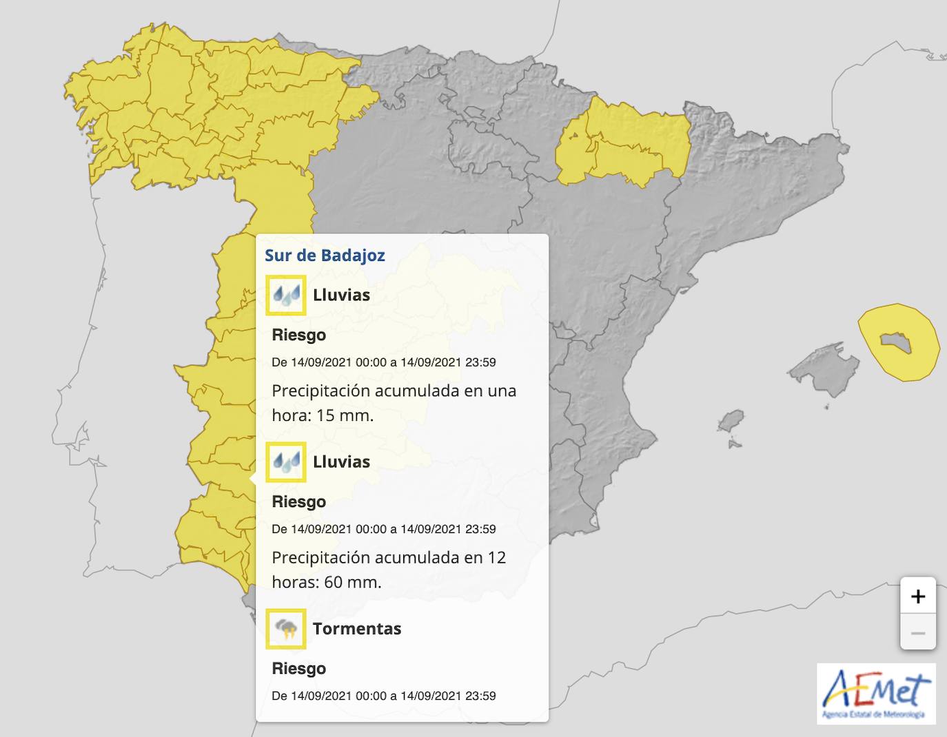 Mapa de alertas para el martes, 14 de septiembre 