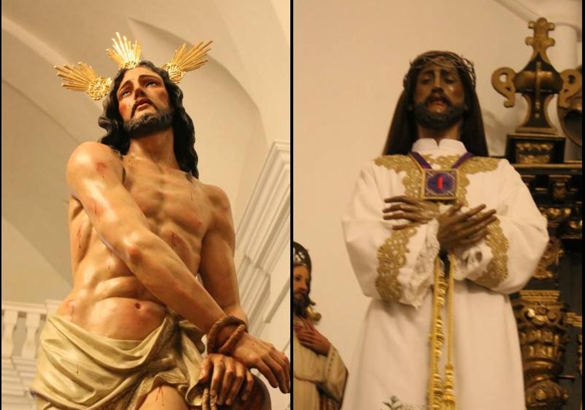 Imágenes del Señor Amarrado a la Columna y del Cautivo, que ya aguardan el al iglesia para ser portados por las mujeres de Monesterio en la noche de este Miércoles Santo