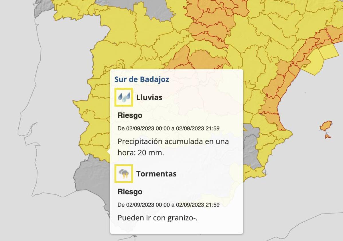 Mapa de avisos para hoy sábado, 2 de septiembre