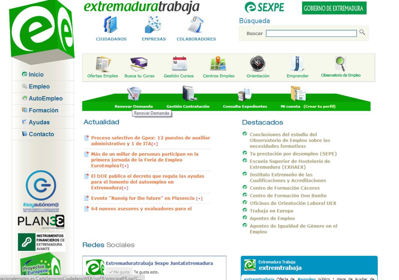 Web del Servicio Extremeño Publico de Empleo